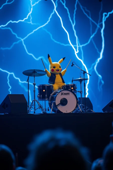 A dimly lit concert stage with a pulsing electric blue backdrop and strobe lights casting an otherworldly glow. Pikachu, dressed in a miniature rockstar outfit, sits atop a drum kit, sticks held high as it begins to play a frenetic rhythm. Lightning effects crackle and pop around the drums, illuminating Pikachu's bright yellow fur. The air is charged with anticipation as the crowd cheers on this electrifying performance.