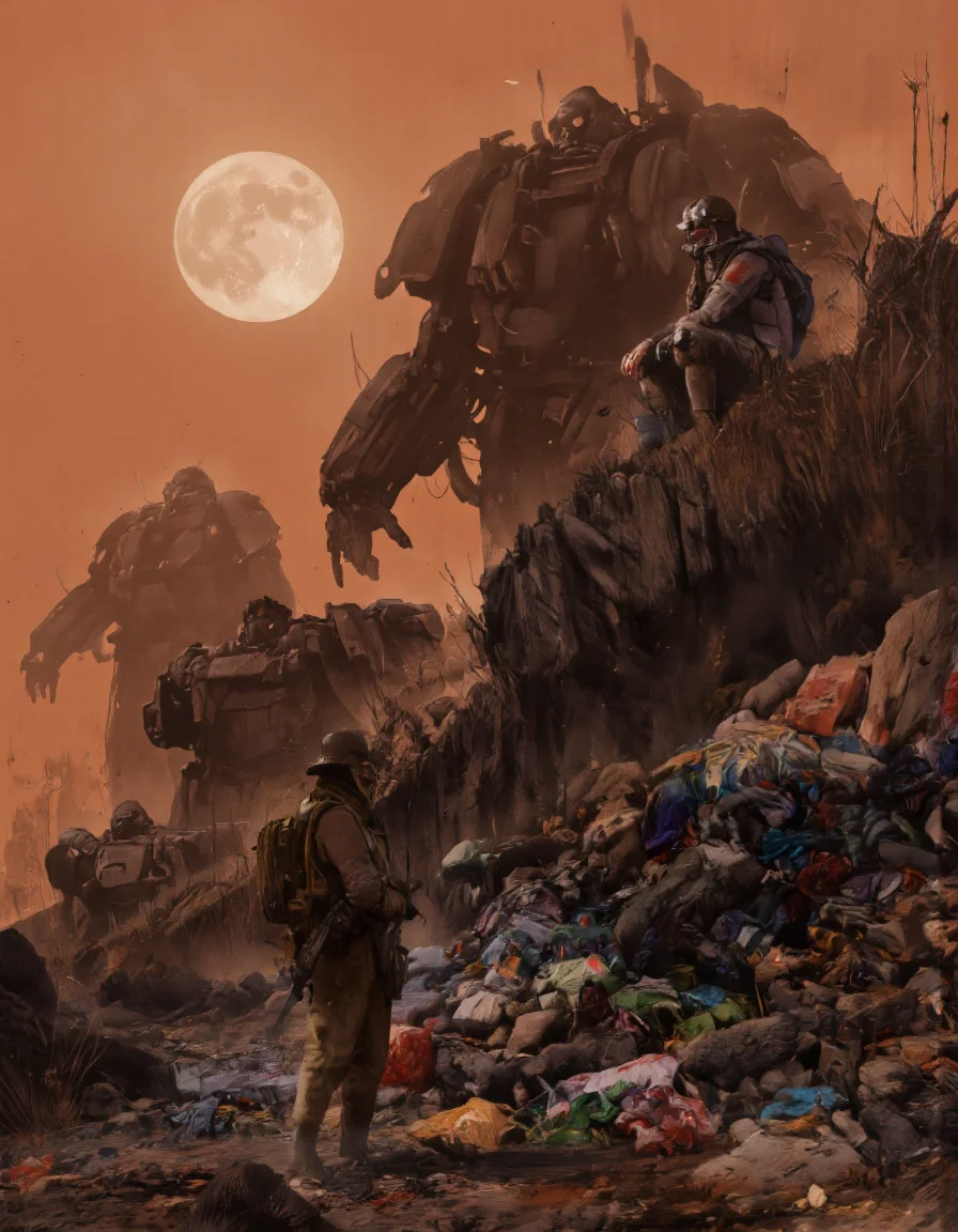 Art by Zhang Jing. A digital illustration shoot from a far camera angle about a post-apocalyptic scene featuring a humanoid figure standing on a pile of garbage in a desolate wasteland, surrounded by large, robotic figures. the scene is set against a smoky orange sky with a full moon in the background, and the ground is littered with rocks and debris. on the left side of the image, a man with a muscular build appears to be standing confidently, wearing a military uniform and holding a rifle, with a determined expression on his face. he is facing away from the viewer, while on the right side, another man is sitting on a rocky hillside, looking back over his shoulder with a contemplative expression. the man on the hill is wearing a helmet, goggles, and a backpack, and is also wearing a gas mask. in the foreground, there are several large, metallic figures, including a large robot with a robotic arm and a large gun, standing amidst the debris.