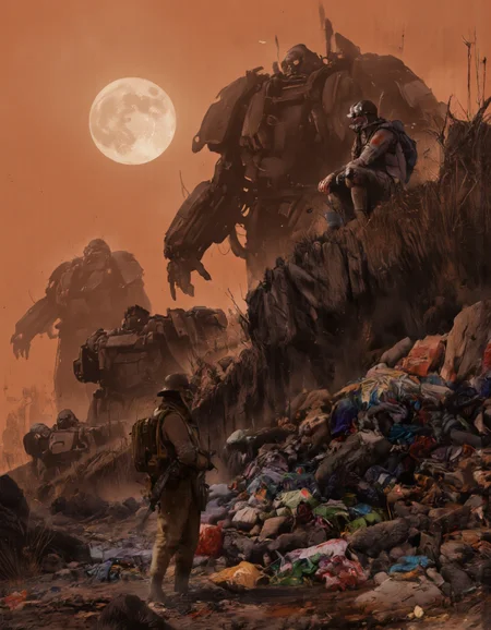 Art by Zhang Jing. A digital illustration shoot from a far camera angle about a post-apocalyptic scene featuring a humanoid figure standing on a pile of garbage in a desolate wasteland, surrounded by large, robotic figures. the scene is set against a smoky orange sky with a full moon in the background, and the ground is littered with rocks and debris. on the left side of the image, a man with a muscular build appears to be standing confidently, wearing a military uniform and holding a rifle, with a determined expression on his face. he is facing away from the viewer, while on the right side, another man is sitting on a rocky hillside, looking back over his shoulder with a contemplative expression. the man on the hill is wearing a helmet, goggles, and a backpack, and is also wearing a gas mask. in the foreground, there are several large, metallic figures, including a large robot with a robotic arm and a large gun, standing amidst the debris.