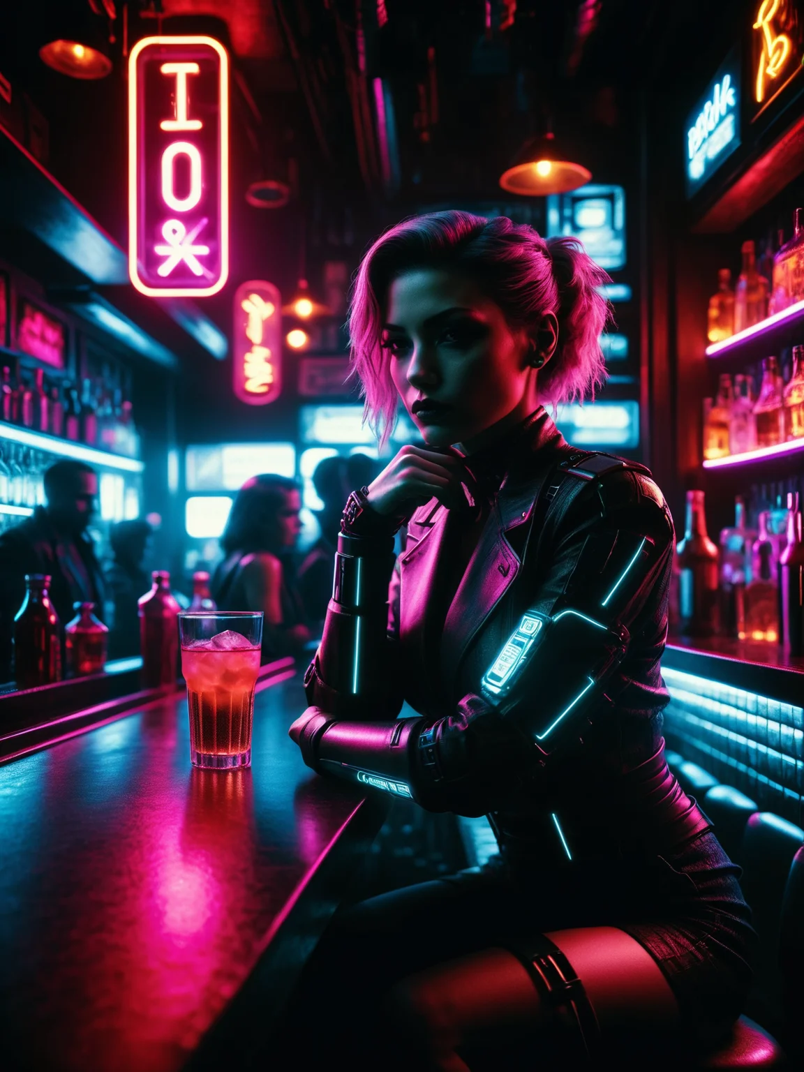 woman sitting at the counter of a bar, cyberpunk, noir, 1040s<lora:Neon_Noir_SDXL:0.7> mad-neon-noir, masterpiece, best quality, ultra high res, (photorealistic, realistic:1.2), deep shadow, raw photo, film grain, Fujifilm XT3, 8k uhd, dslr