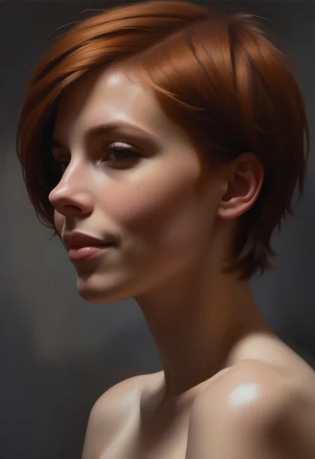(((classical oil painting))), (side view), (((short cute shy topless Dutch/Irish tomboy-girl))), (((very-short straight dark-ginger/dark-chestnut textured side-swept emo-cut hair with shaved undercut))), (((grin))), (((looking down))), (((candid))), (((enormous breasts))), (((broad shoulders))), (navel), (((upturned snub-nose))), (((dimples))), ((dark eyes)), (((large areolae))), (((turning))), (((evening))), Intricate textures, (high detailed skin:1.7),