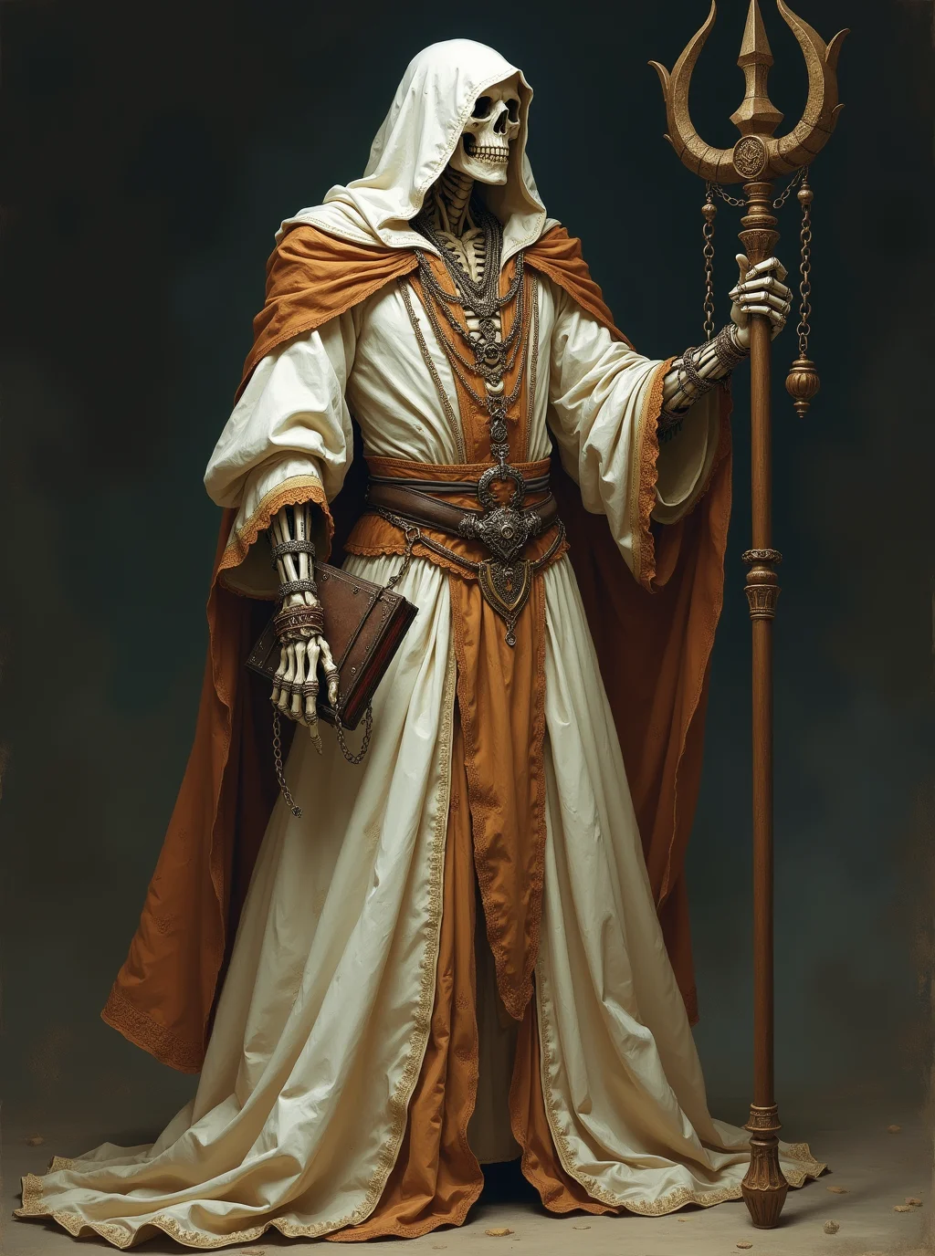 fantasy painting of an evil male lich in an opulent but worn out white baroque dress with tan and brown accents and a crinoline. an undead skeleton necromancer holding a magic scepter. A grimoire hangs chained to his leather belt. evil laughter. he's wearing a , jewelry, metal pauldrons. skeleton hands. cel shading, dark fantasy, full length portrait, ancient, weathered, worn out clothing, dusty, dirty, rugged, dark background