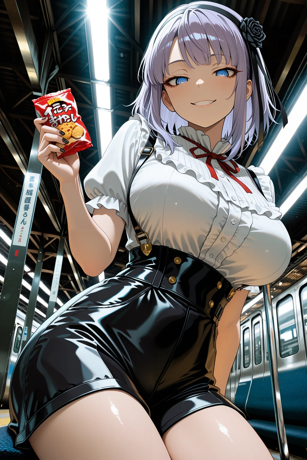 HDR, high contrast, masterpiece, best quality, amazing quality, very aesthetic, absurdres, newest, scenery, (volumetric lighting), photorealistic, photo background, detailed, 1girl, curvy, shidare hotaru, light purple hair, blue ringed eyes, dagashi \(place\), naughty face, holding snacks, frilled shirt, high-waist shorts, suspender shorts, black nail polish, looking at viewer, from below, soft lighting, bloom, bokeh, depth of field, leaning to the side, sitting, train station, dutch angle, cowboy shot, masterpiece, best quality, amazing quality, very aesthetic, absurdres, newest, scenery, (volumetric lighting), <lora:detail_slider_v1_000000450:5> <lora:TrendCraft_The_Peoples_Style_Detailer-v1.0A-3_13_2025-illustrious:0.2>
