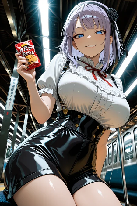 HDR, high contrast, masterpiece, best quality, amazing quality, very aesthetic, absurdres, newest, scenery, (volumetric lighting), photorealistic, photo background, detailed, 1girl, curvy, shidare hotaru, light purple hair, blue ringed eyes, dagashi \(place\), naughty face, holding snacks, frilled shirt, high-waist shorts, suspender shorts, black nail polish, looking at viewer, from below, soft lighting, bloom, bokeh, depth of field, leaning to the side, sitting, train station, dutch angle, cowboy shot, masterpiece, best quality, amazing quality, very aesthetic, absurdres, newest, scenery, (volumetric lighting), <lora:detail_slider_v1_000000450:5> <lora:TrendCraft_The_Peoples_Style_Detailer-v1.0A-3_13_2025-illustrious:0.2>