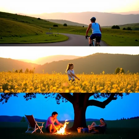 [MOVIE-SHOTS] In the open countryside, [SCENE-1] a lone cyclist pedals along a winding road at dawn, mist rolling over emerald green hills in the distance, [SCENE-2] pausing beside a golden field of wildflowers in full bloom, her hands brushing gently against the petals as the sunlight bathes her in a warm glow, [SCENE-3] ending with her setting up camp under a sprawling oak tree, a crackling fire reflecting off the cool blues of the encroaching night.