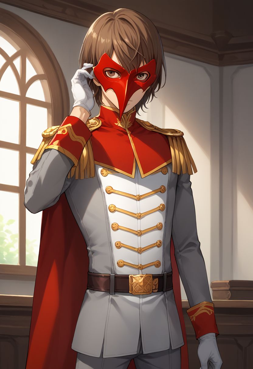 score_9, score_8_up, source_anime, highly detailed, 1boy, solo, male_focus, slender, skinny, 
goro, 1boy, male focus, solo, gloves, brown hair, mask, epaulettes, white gloves,
cape, upper body, belt, uniform, pants, grey pants,
inside, stand,