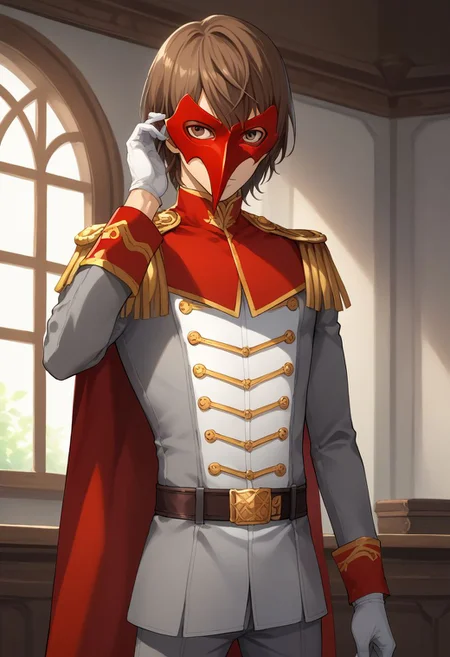 score_9, score_8_up, source_anime, highly detailed, 1boy, solo, male_focus, slender, skinny,
goro, 1boy, male focus, solo, gloves, brown hair, mask, epaulettes, white gloves,
cape, upper body, belt, uniform, pants, grey pants,
inside, stand,
