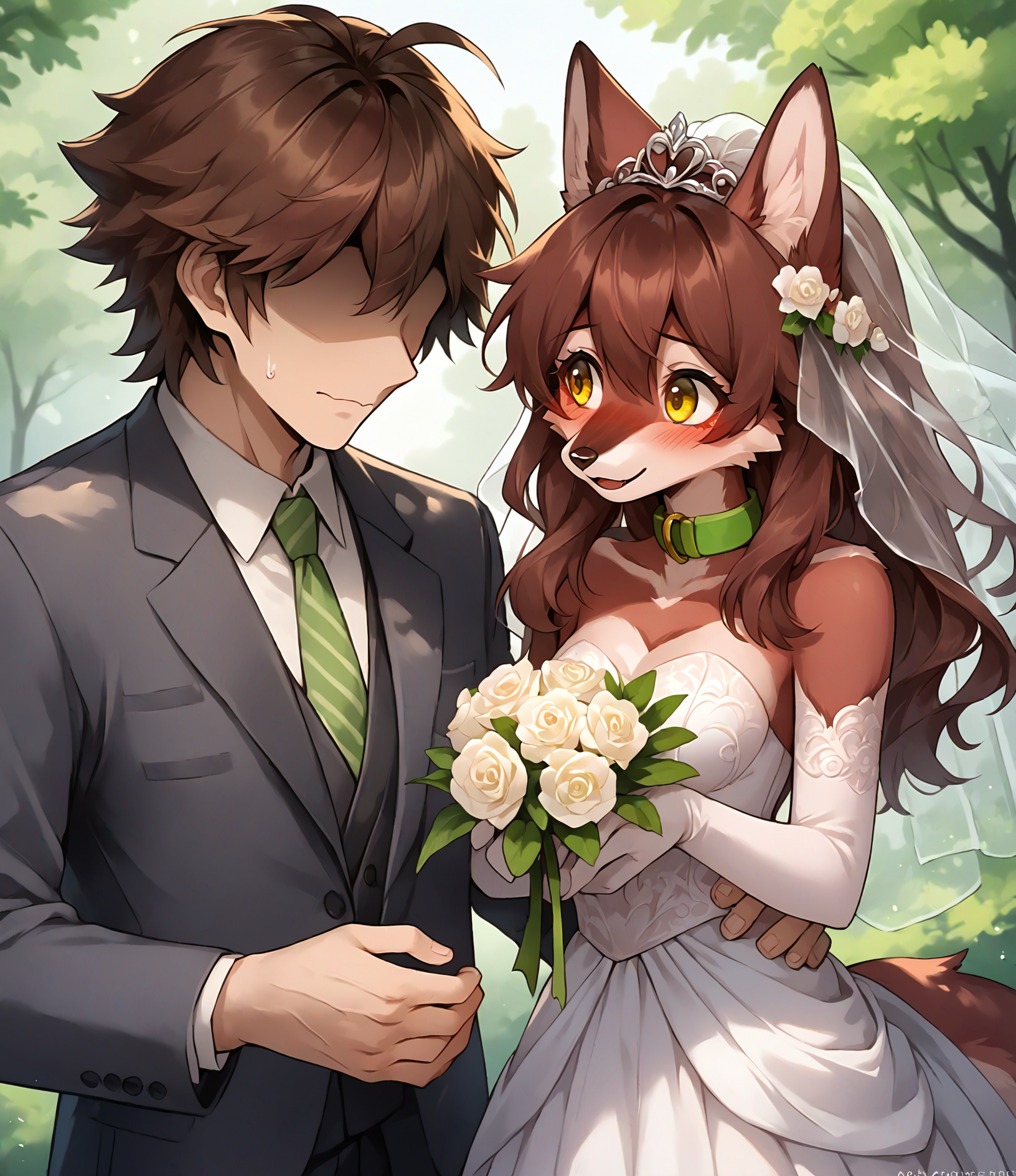 full color, (score_9, score_8_up:1.1), (beautiful anthro wolf female:1.1),   (happy, shy, cute face, cute expression:1.1), kemono artstyle,  ,  (duo:1.1),  <lora:Skylar_Zero:0.9> skylar-zero, green and yellow eyes, green collar, (long hair:1.2), brown hair, (fluffy fur:1.1), outdoors,wedding, featureless face on human male,  (human male:1.1), smaller female, standing, (wedding dress:1.1), human hand on waist