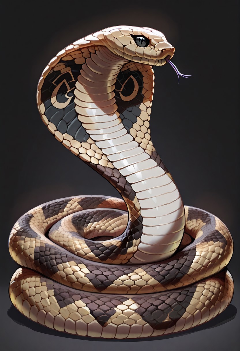 masterpiece, best quality, amazing quality, absurdres, newest, naja, anime, animal, animal focus, solo, cute, moe, detailed eyes, black background, no humans, snake, cobra, short cobra, gold skinned cobra, snake eyes, white belly, coiled, looking at viewer, hissing, stoic, aggressive,