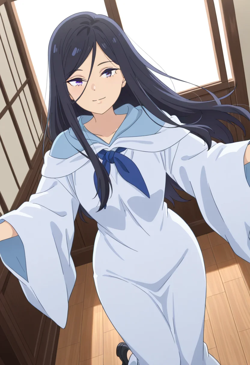 masterpiece,best quality,absurdres,perfect lighting,indoors,wooden floor,
*//*,<lora:HealerGirl_RiaKarasuma-Illustrious:1>,ria_karasuma,1girl,solo,black hair,long hair,purple eyes,white dress,long sleeves,wide sleeves,blue ribbon,robe,shoes,black footwear,
*//*,looking at viewer,cowboy shot,dutch angle,dynamic pose,light smile,