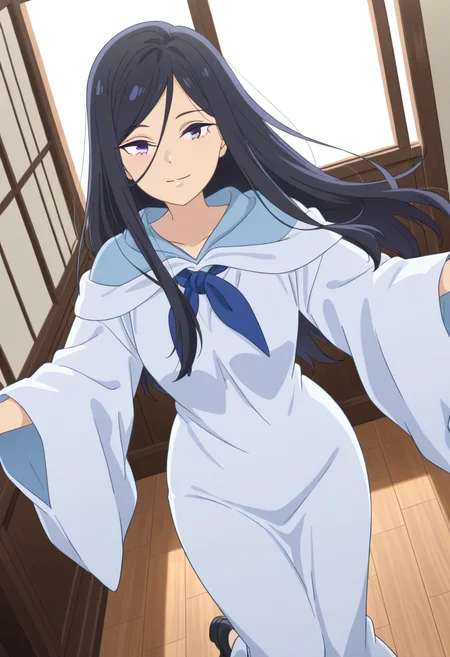 masterpiece,best quality,absurdres,perfect lighting,indoors,wooden floor,
*//*,<lora:HealerGirl_RiaKarasuma-Illustrious:1>,ria_karasuma,1girl,solo,black hair,long hair,purple eyes,white dress,long sleeves,wide sleeves,blue ribbon,robe,shoes,black footwear,
*//*,looking at viewer,cowboy shot,dutch angle,dynamic pose,light smile,