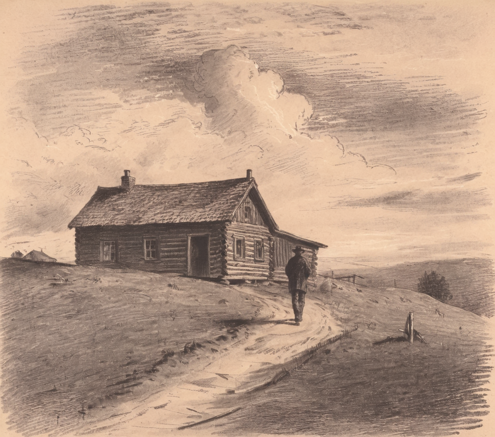 A monochrome chalk sketch of a solitary wooden cabin situated on a hill, with a person in the foreground walking towards it. The cabin has a dark, weathered exterior, a chimney, and a window. The person is dressed in a jacket and hat, and appears to be in motion. The sky is overcast, and the overall mood of the image is serene and contemplative.  <lora:Chalk_Sketch_SDXL_v1:1>