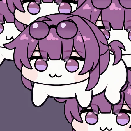 <lora:Doro_X_PDXL_V1:1.0> 5doros, creature, :3, chibi, purple eyes, no humans, white skin, four legs, solid circle eyes, no pupils, <lora:kafkahsr-ponyxl-bshi-v1:1.0> KafkaHSR, pince-nez, eyewear on head, purple hair, sidelocks, short ponytail, purple eyes, empty eyes, simple background,