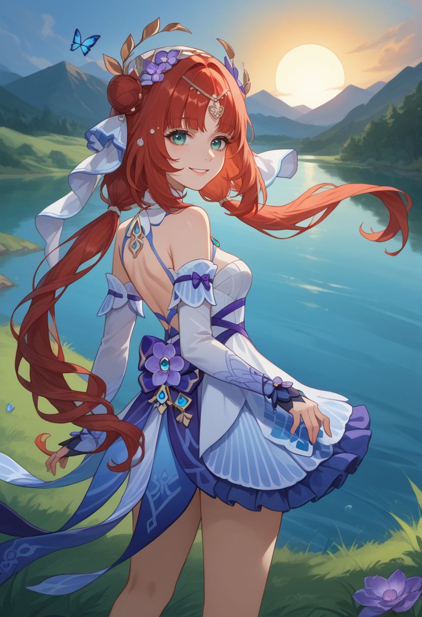 score_9, score_8_up, score_7_up, source_anime, 1girl, nilousabaa, red hair, long hair, aqua eyes, parted bangs, low twintails, medium breasts, hair ornament, hair flower, purple flower, hair bun, fake horns, circlet, white dress, clothing cutout, detached sleeves, bare shoulders, long sleeves, white veil, gem, brooch, blue gemstone, vision \(genshin impact\), blue butterfly, from behind, back, looking back, standing, smile, looking at viewer, outdoors, lake, sun, grass, cowboy shot, <lora:Nilou_v1-000007:1>