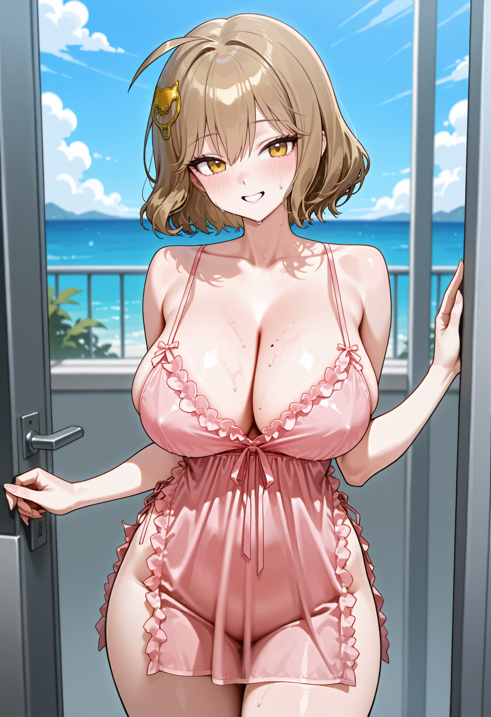 anis_(nikke), 1girl, solo, pink negligee