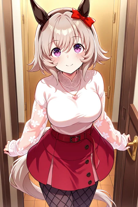 masterpiece,best quality,very aesthetic,absurdres,highres,newest,official art,official style,
1girl,solo,
crc casual, curren chan (umamusume),
animal ears, belt, black pantyhose, blush, bow, ear bow, ear covers,
fishnet pantyhose, fishnets, grey hair, hair between eyes, horse ears, horse girl,
pantyhose, purple eyes, red belt, red bow, red skirt, short hair, skirt,
sweater, white sweater, bangs, black hairband, eyebrows visible through hair,
hairband, highres, horse tail, long sleeves, see-through, see-through sleeves,
shirt, tail, violet eyes, sleeves past wrists, black legwear,
eyebrows behind hair, hair ribbon, headband, ribbon, silver hair,
jewelry, necklace, heart necklace,
eye_focus,<lora:eye_focus:1>,
<lora:umamusume_curren_chan_ill_v1.0:1>,