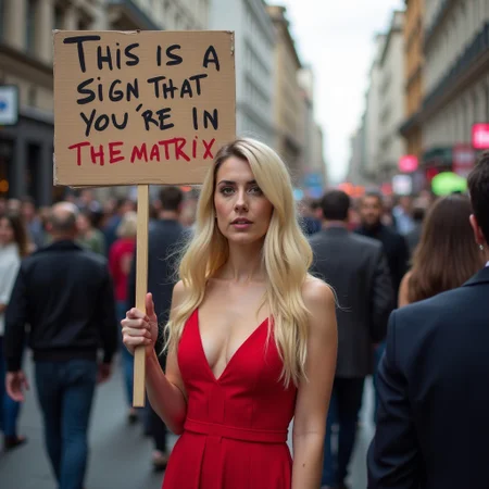 a woman with blonde hair wearing a red dress holding a sign that says "This is a sign that you're in the matrix" standing in a crowd on a city street