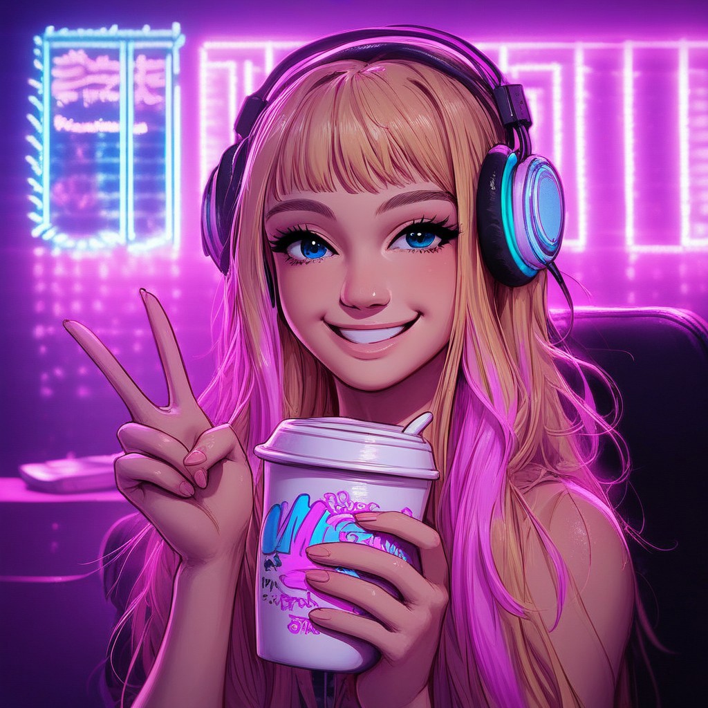 1girl, blonde, pale, blue eyes, smile, portrait, innocent. source_anime, pink highlights, long hair, headphones, v, cup, bed room, sitting on chair, neon lights, cute, g0th1c, glowing, neon lights, poster