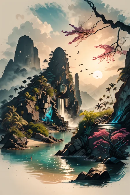 <lora:Calligraphy-ink-style-darquelilly-v1:1> calligraphyinkstyle,a blue lagoon, palm trees and white lilies, in the center is a huge waterfall as a cave entrance, crystal clear sea water, peacful atmosphere, volumetric lighting, <lora:dAIversity-LoRAtest-Photoreal-SD15-01:0.7>