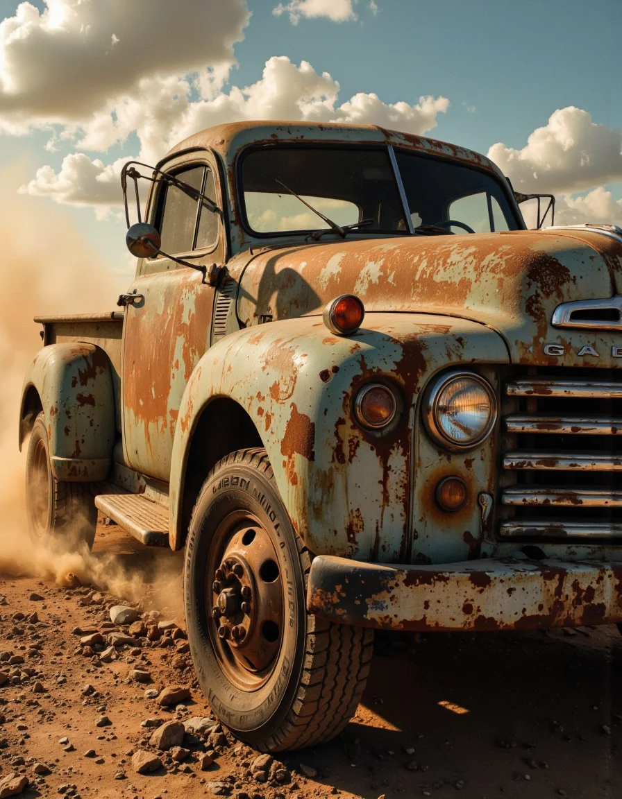 A cinematic photograph of an old Rusty Postapocaliptic truck, mad max movie style, dust, Postapocaliptic Environment, Heavy Action, Eplosions, intricate light, dark atmosphere, golden hours. <lora:Hocus_Pocus:0.9>
