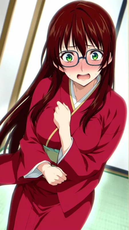 source_anime, genral, best quality, masterpiece, 1girl, <lora:Suzune_Saijo_ill_v1.0:1> suzune_saijo\(srw\),green eyes,brown hair, long hair , Japanese Kimono, glasses, flustered, embarrassed, dynamic pose, dutch angle, cowboy shot,