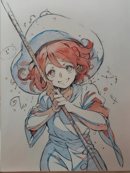 score_9, score_8_up, score_7_up, cute girl, musical note, tunic, magical staff, red hair, big hat, epic pose, light smile, bright pupils, particles around, splash art, pants, looking at viewer, cowboy shot, dynamic pose, smile, cute, wide shot, solo, dutch angle, simple background, very shy,
<lora:KeyFrameXLP_Style:1>KeyFrameXLP, color trace, traditional media, sketch, colored pencil (medium), monochrome, txt, keyframe,