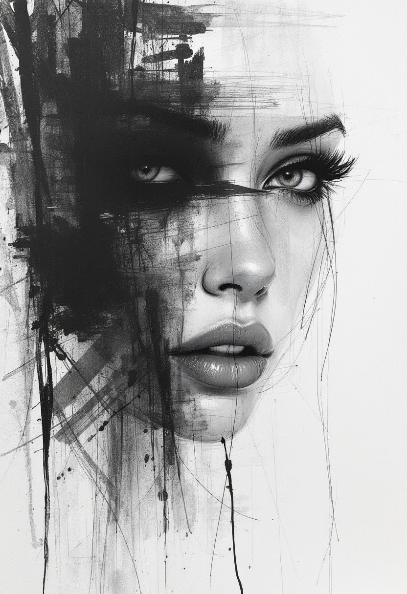barely noticeable sketch a woman, dry brushstroke, avant-garde outline eyes, black graphite transparent