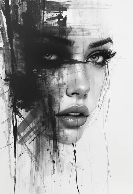barely noticeable sketch a woman, dry brushstroke, avant-garde outline eyes, black graphite transparent