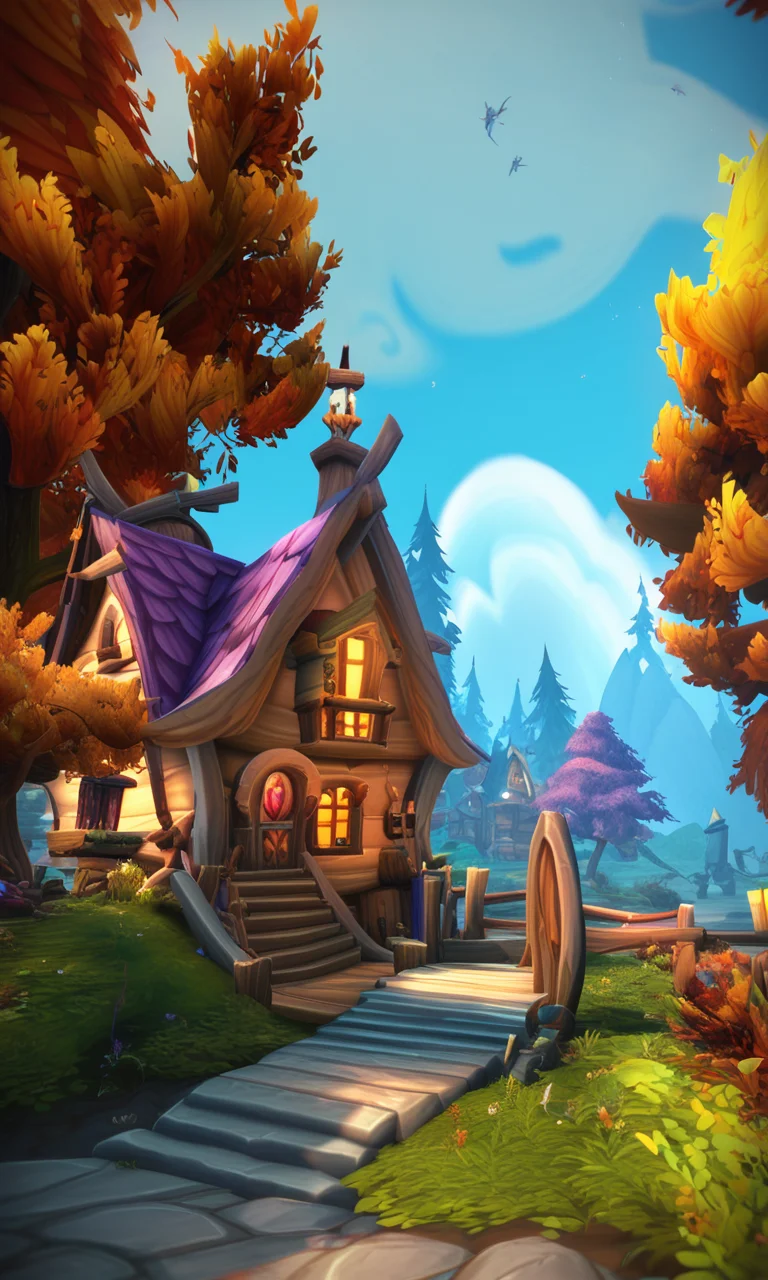 (Peaceful:1.3) score_9, score_8_up, score_7_up, rating_safe BREAK, world of warcraft, cozy cabin in the woods, warcraftstyle, scenery, toony, detailed, <lora:WarcraftStyle_v2-000004:0.75>,(Colorful:1.3)