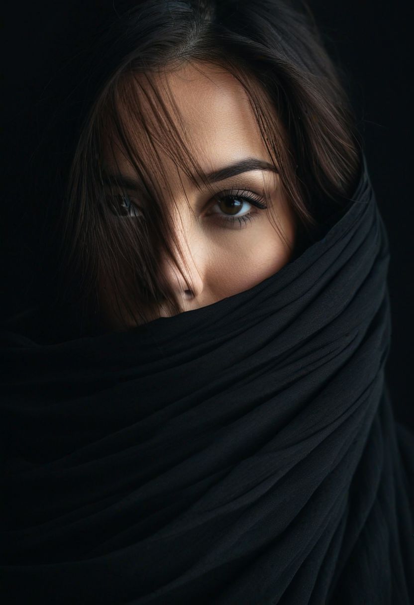 Minimalistic black background with a woman's face partially obscured in the style of flowing fabric, a little bit of closeup creating an enigmatic and mysterious atmosphere. The dark tones accentuate the dramatic effect of her lips and hair against the stark contrast between lightness and darkness in the composition. This design is perfect for conveying a sense of mystery or depth. The ultra realistic photography style accentuates the dramatic effectThis stunning image is rendered in insanely high resolution, realistic, 8k, HD, HDR, XDR, focus + sharpen + wide-angle 8K resolution + HDR10 Ken Burns effect + Adobe Lightroom + rule-of-thirds  + high-detailed bark.
(minimalist abstraction:1.2), (subtle gradient backdrop:1.1), (tranquil yet evocative:1.2), (conceptual portraiture:1.3), (play on perception:1.2), Canon EOS 5D Mark III, 1/160s, f/8, ISO 100, (surreal calm:1.1), (visual metaphor:1.3),
