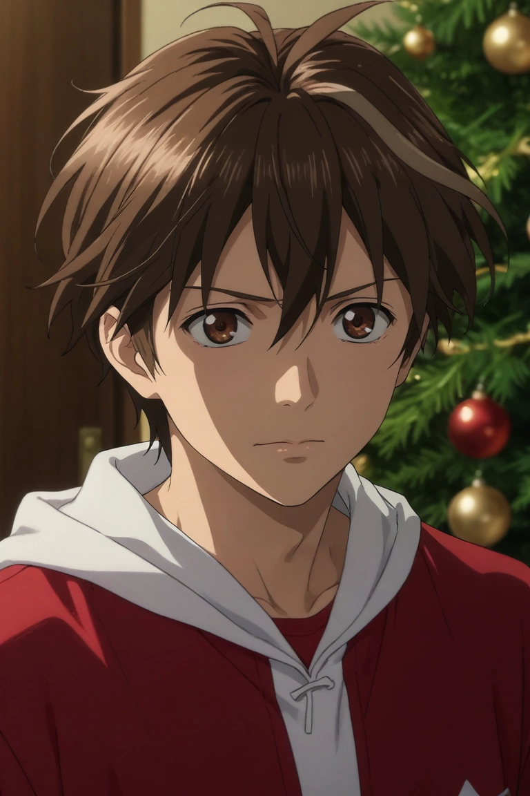score_9, score_8_up, score_7_up, source_anime, rating_safe, , anime screencap, , official style, , depth of field, 1boy, solo, male focus, <lora:shuu_ouma_pony:0.76>, shuu_ouma, brown hair, brown eyes, short hair, ahoge, hair between eyes, upper body, school, dawn, leaning back, wavy mouth, closed mouth, christmas costume, <lora:sdxl_lightning_8step_lora:1>