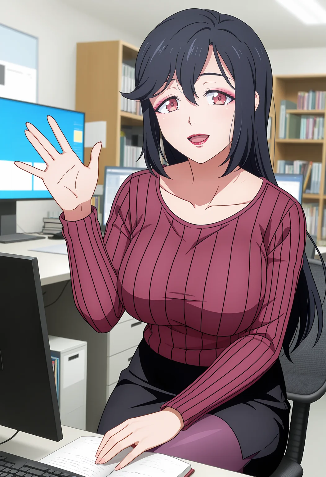 <lora:Saori Ohtori,-000040:1>,
Saori Ohtori,solo,looking at viewer,open mouth,book,sweater,indoors,office,blurry background,blurry,upper body,monitor,red eyes,desk,collarbone,long sleeves,bookshelf,computer,smile,waving,mature_female,large breasts,makeup,black hair,pencil_dress,black skirt,purple pantyhose,crossed_legs,from_below