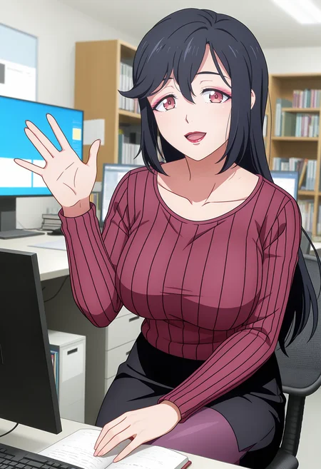 <lora:Saori Ohtori,-000040:1>,
Saori Ohtori,solo,looking at viewer,open mouth,book,sweater,indoors,office,blurry background,blurry,upper body,monitor,red eyes,desk,collarbone,long sleeves,bookshelf,computer,smile,waving,mature_female,large breasts,makeup,black hair,pencil_dress,black skirt,purple pantyhose,crossed_legs,from_below