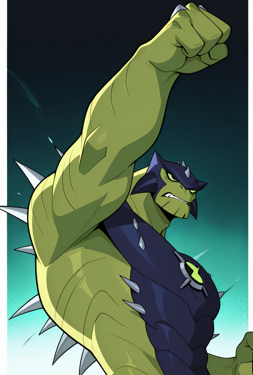 <lora:ulthum-09:1> ulthum, spikes, solo, no humans, green eyes, green skin, dynamic pose, upper body, action pose, masterpiece, best quality, amazing quality, very aesthetic, absurdres, newest,, upper body, halftone effect, white borders, abstract background:1.2,