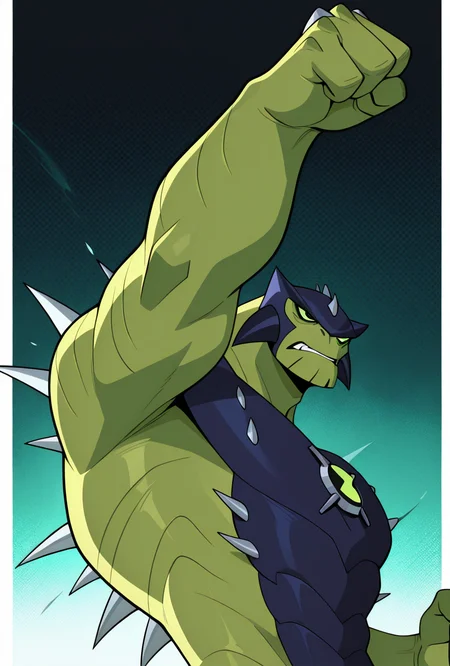 <lora:ulthum-09:1> ulthum, spikes, solo, no humans, green eyes, green skin, dynamic pose, upper body, action pose, masterpiece, best quality, amazing quality, very aesthetic, absurdres, newest,, upper body, halftone effect, white borders, abstract background:1.2,