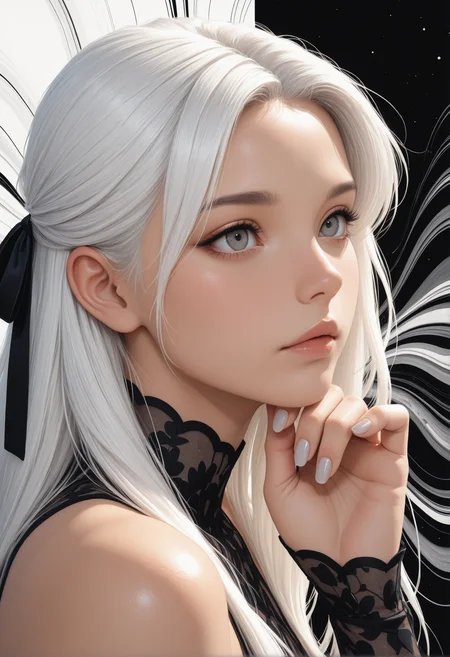 masterpiece, best quality, ultra-detailed, 8k resolution, high dynamic range, absurdres, stunningly beautiful, intricate details, sharp focus, detailed eyes, cinematic color grading, high-resolution texture, photorealistic,
adult, 1woman, very awa,
white background, abstract background pattern, distortion effect, black,
thigh highs, nails, ribbon,
portrait, side view, over the shoulder view, eye contact,
white hair, gray eyes