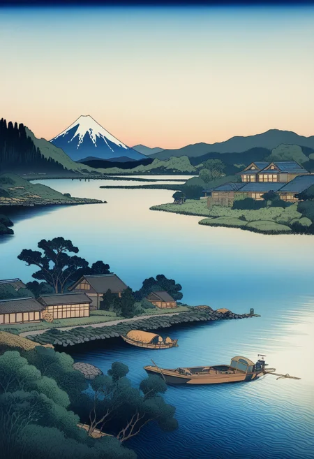 panoramic scenery, lake, boat, mount fuji, house, outdoors, (masterpiece, best quality), highly detailed, KHsty-XL <lora:KHsty-XL-v3-AN-000020:0.7>