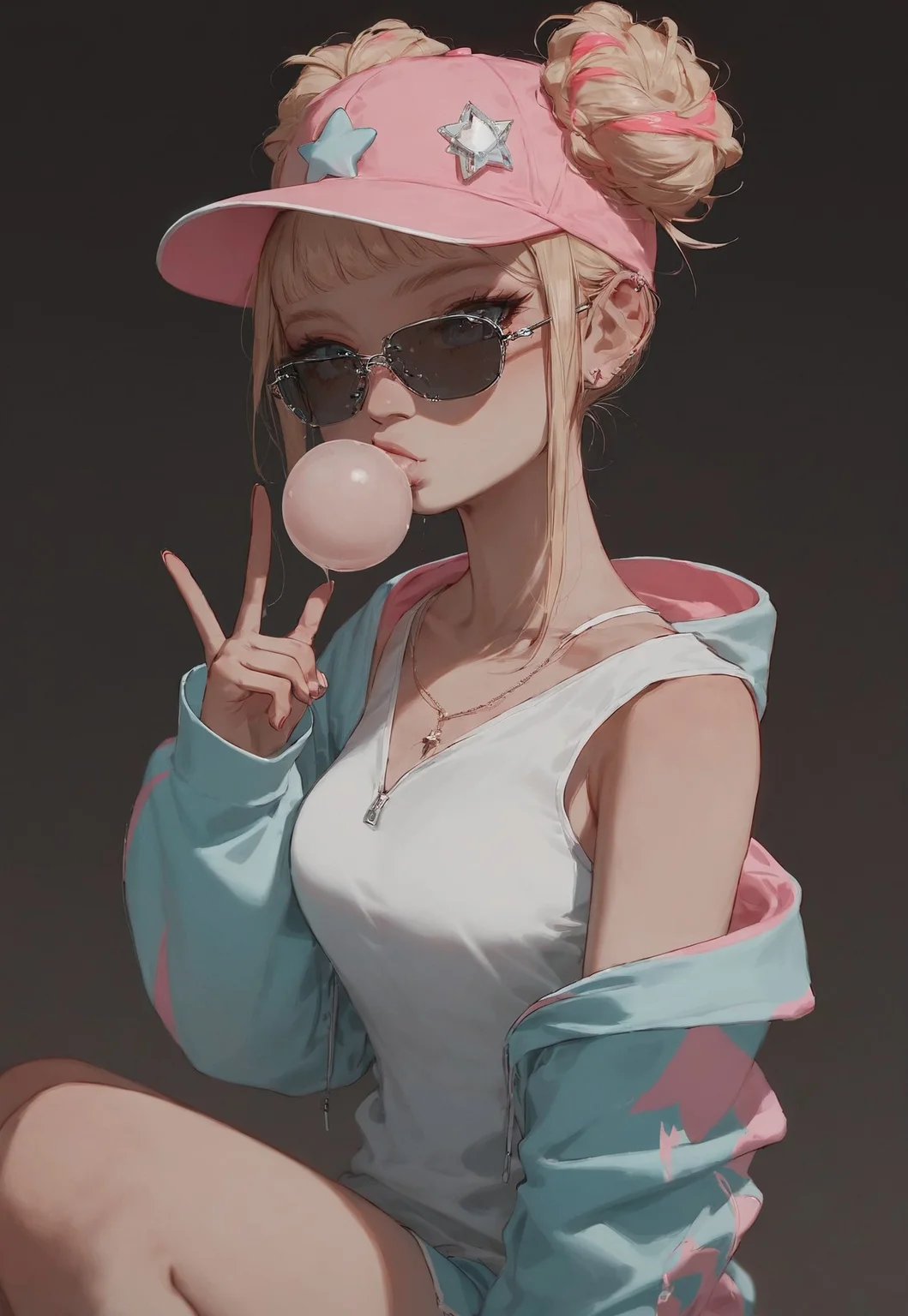 safe_pos, score_9,score_8_up,score_8,score_9,
(((pastel colors, high contrast, expressiveh))),
((1girl, skater girl, blond hair, buns, shades glasses, skater cap, baggy top tank, wwhite tank top, open oversize zip hoodie, bubble gum ball, squating, finger gesture, exposed knees, scretched knees)),
looking at viewer,
overflow, sexy belly, masterpiece,
outdoors, in park background