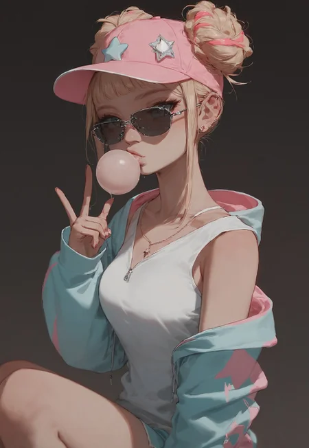safe_pos, score_9,score_8_up,score_8,score_9,
(((pastel colors, high contrast, expressiveh))),
((1girl, skater girl, blond hair, buns, shades glasses, skater cap, baggy top tank, wwhite tank top, open oversize zip hoodie, bubble gum ball, squating, finger gesture, exposed knees, scretched knees)),
looking at viewer,
overflow,  sexy belly, masterpiece,
outdoors, in park background
