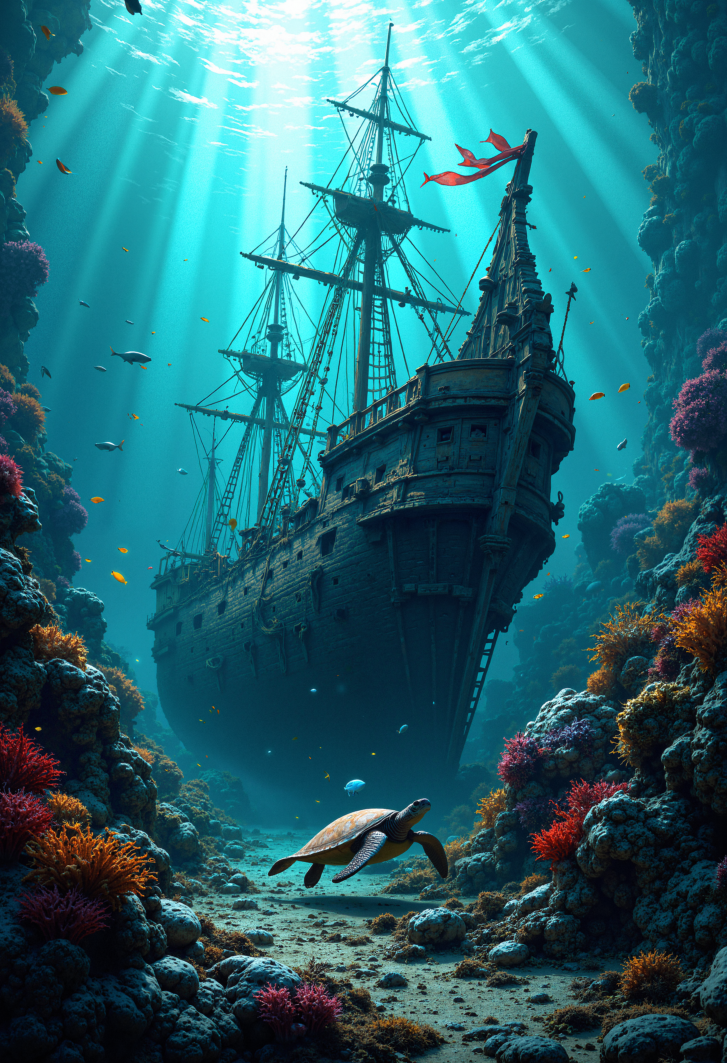 A surreal underwater scene, where an ancient sunken ship lies on the ocean floor, covered in coral and algae. Colorful schools of fish swim around the wreckage, and a giant sea turtle glides gracefully through the water. The ship's broken masts and tattered sails create a ghostly atmosphere, while beams of sunlight filter through the surface, casting an ethereal glow on the scene. The details are hyper-realistic, with every texture of the coral, wood, and water meticulously rendered. The overall mood is mysterious and haunting, yet beautiful and tranquil at the same time.     <lora:FluxMythP0rtr4itStyle:0.8> MythP0rt, <lora:aidmaImageUpgrader-FLUX-V0.1:0.33> detailmaximizer,