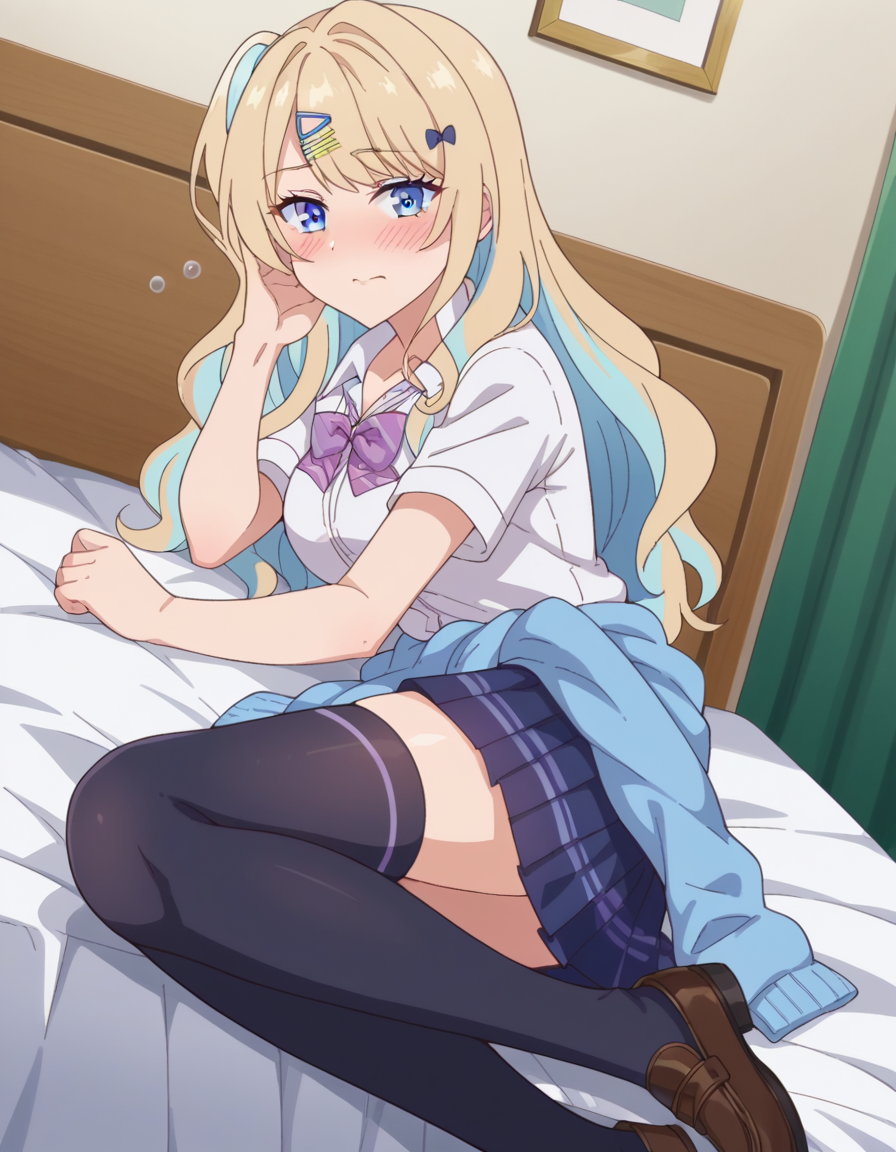 score_9, score_8_up, score_7_up, source_anime,
lunashirakawa, <lora:luna-shirakawa-s1-ponyxl-lora-nochekaiser:1>,
luna shirakawa, long hair, blue eyes, blonde hair, hair ornament, bow, multicolored hair, hairclip,
skirt, shirt, thighhighs, bow, school uniform, white shirt, pleated skirt, shoes, black thighhighs, bowtie, blue skirt, plaid, plaid skirt, loafers, purple bow, clothes around waist, gyaru, purple bowtie,
indoors, bed, bed room, on side, blush, drunk,
looking at viewer, dutch angle, cowboy shot,