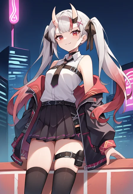 score_9, score_8_up, score_7_up, source_anime, 1girl, solo, AyameCasual, oni horns, long hair, hair ribbon, x hair ornament, twintails, white shirt, sleeveless shirt, chest belt, black necktie, black skirt, pleated skirt, black thighhighs, thigh strap, black jacket, open jacket, off shoulder, black choker, standing on rooftop, skyscraper, night, neon lights, smirk, <lora:CHAR-NakiriAyamePonyXL:1>