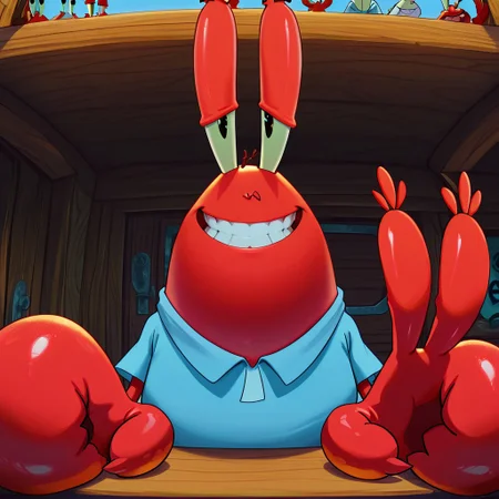 masterpiece, best quality, amazing quality, Mr_krabs, red skin, claws, blue shirt, smiling, grin, Male, teeth, detailed teeth, good shading, face focus, looking at viewer