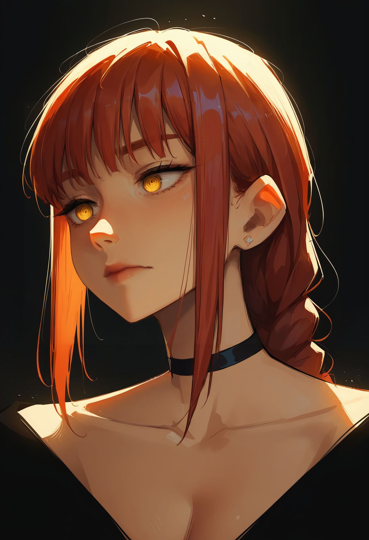 score_9,score_8_up,core_7_up, <lora:samdoesarts_pdxl_v1:1>  1girl, solo, long hair,red hair, choker, black choker, closed mouth, breasts, jewelry, cleavage, earrings, portrait, black background, upper body, bangs, collarbone,backlighting, makima \(chainsaw man\), yellow eyes,