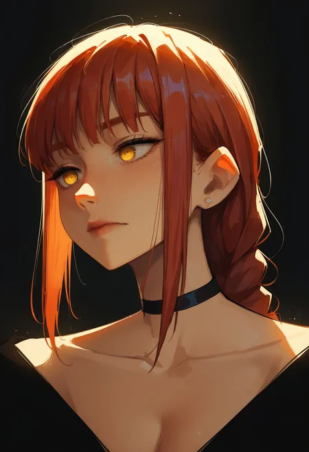 score_9,score_8_up,core_7_up, <lora:samdoesarts_pdxl_v1:1> 1girl, solo, long hair,red hair, choker, black choker, closed mouth, breasts, jewelry, cleavage, earrings, portrait, black background, upper body, bangs, collarbone,backlighting, makima \(chainsaw man\), yellow eyes,