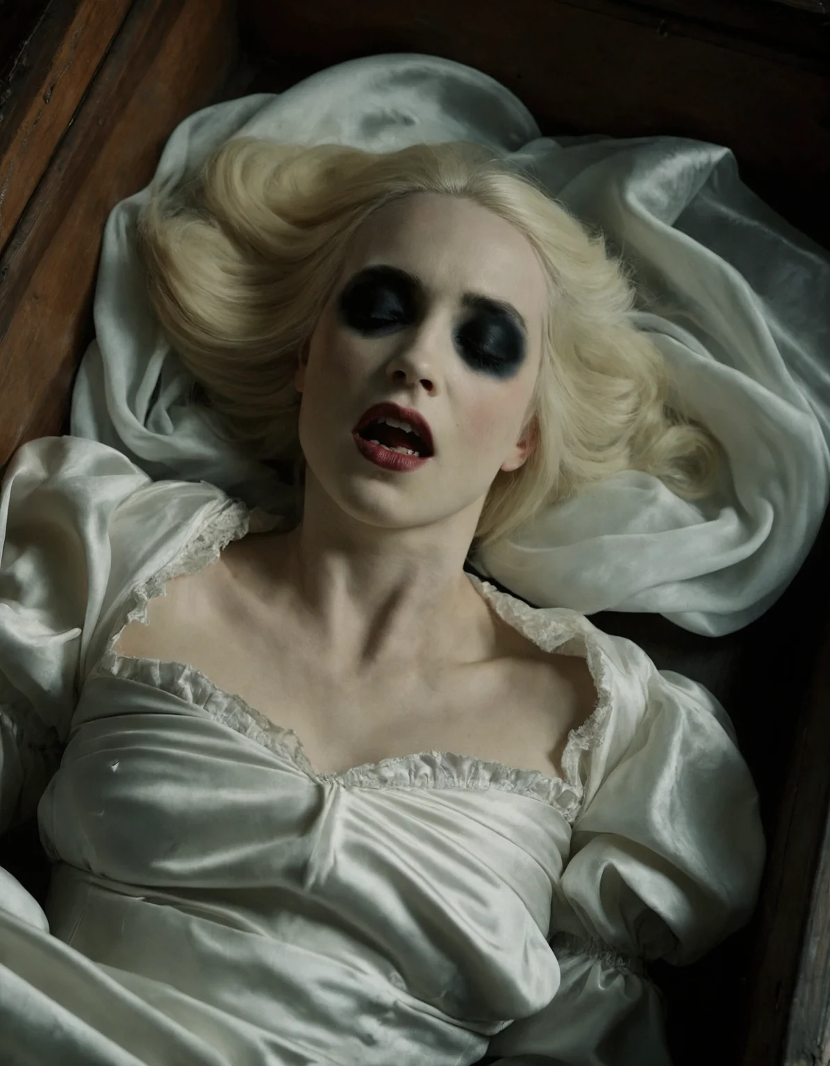 cinematic medium shot of a vampire woman lying in a wooden casket in 1800s, taken from above, lips slightly parted showing fangs, eyes closed, very pale skin, hair spread around head, wearing a flowing white silk dress, dark makeup around eyes, soft light, photorealistic