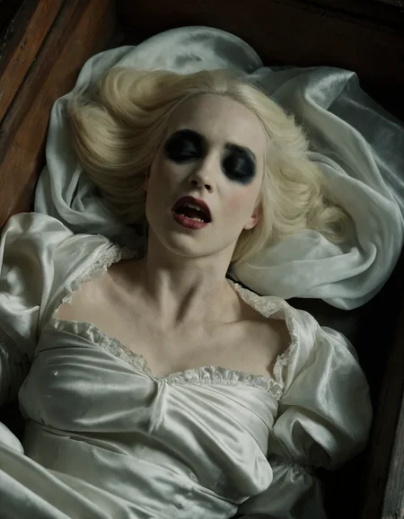 cinematic medium shot of a vampire woman lying in a wooden casket in 1800s, taken from above, lips slightly parted showing fangs, eyes closed, very pale skin, hair spread around head, wearing a flowing white silk dress, dark makeup around eyes, soft light, photorealistic