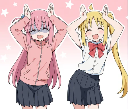 masterpiece,best quality,high quality,amazing quality,absurdres,highres,very aesthetic,ultra detailed,
2girls,
ijichi nijika,gotoh hitori,
<lora:caramelldansen_ILv11_v1:1.2>,caramelldansen,parody,
smile,open mouth,^_^,arms up,closed eyes,
pink background,starry background,gradient background,oekaki,
cowboy shot,