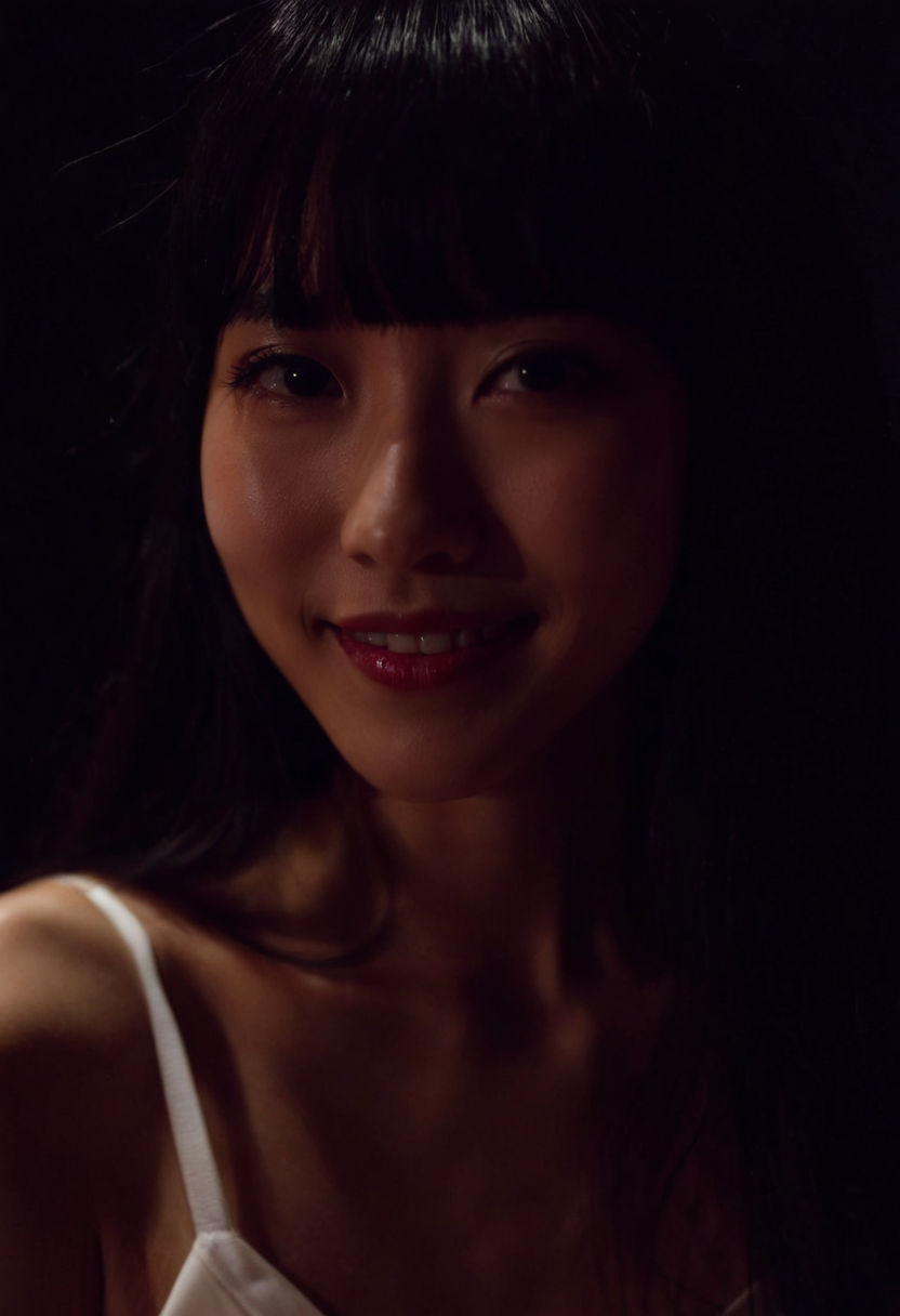 a Korean woman, solo, black hair, long hair, looking at viewer, parted lips, bangs,,indoors,makeup, high detail skin,Spaghetti strap white dress,close-up,smile,dark,Black background