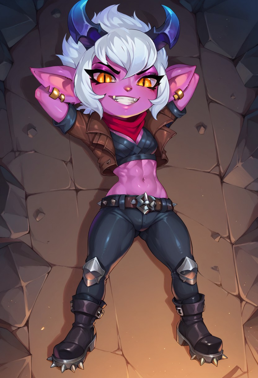 score_9, score_8_up, score_7_up, score_6_up, ultra quality, full body, 1girl, DTristana, curvy figure, shortstack, yordle, demon girl, purple skin, white hair, demon horns, orange eyes, slit pupils, fangs, crop jacket, red scarf, belt, clenching teeth, smile, animal ears, hands behind head, leg bent, dutch angle, leggings, boots, lying, on back, dynamic pose, looking at viewer, hell, 4k, vibrant colors